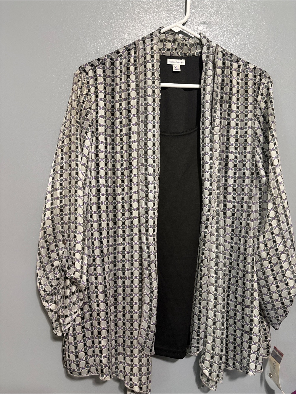 Rebecca Malone Black, White, Purple Geometric Open-Front Blouse